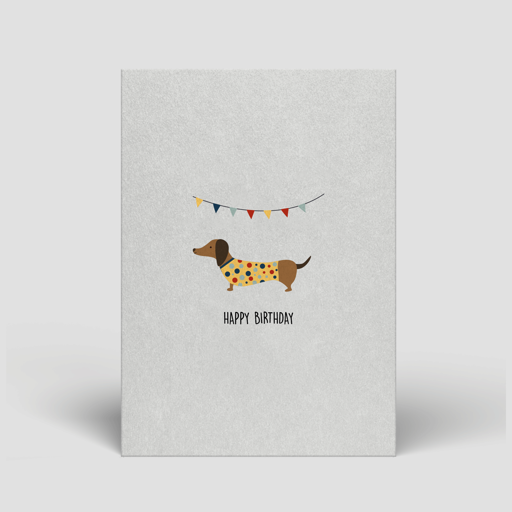 Postkarte „Happy Birthday“ – Partydackel mit Girlande