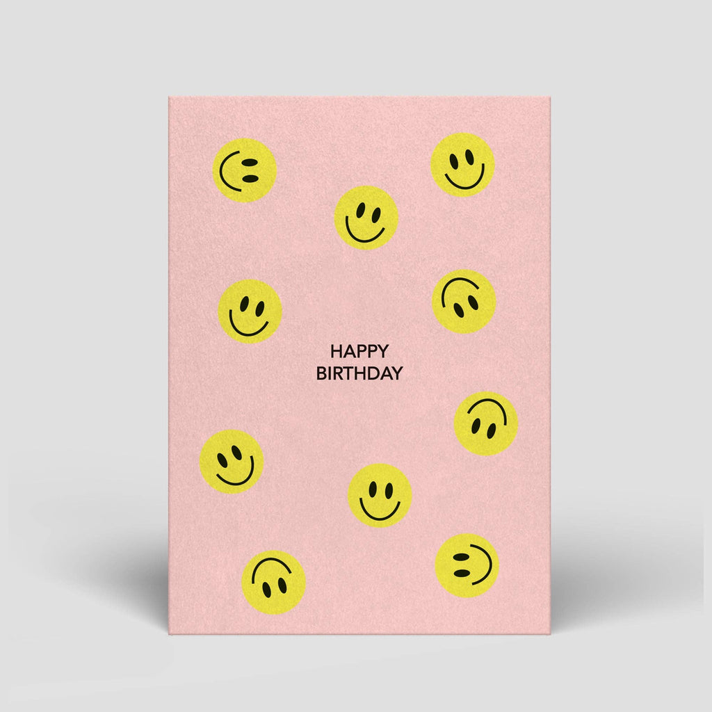Geburtstagskarte „Happy Birthday“ mit illustrierten Smileys von Naturbedacht, Vorderseite