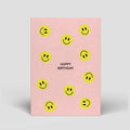 Geburtstagskarte „Happy Birthday“ mit illustrierten Smileys von Naturbedacht, Vorderseite