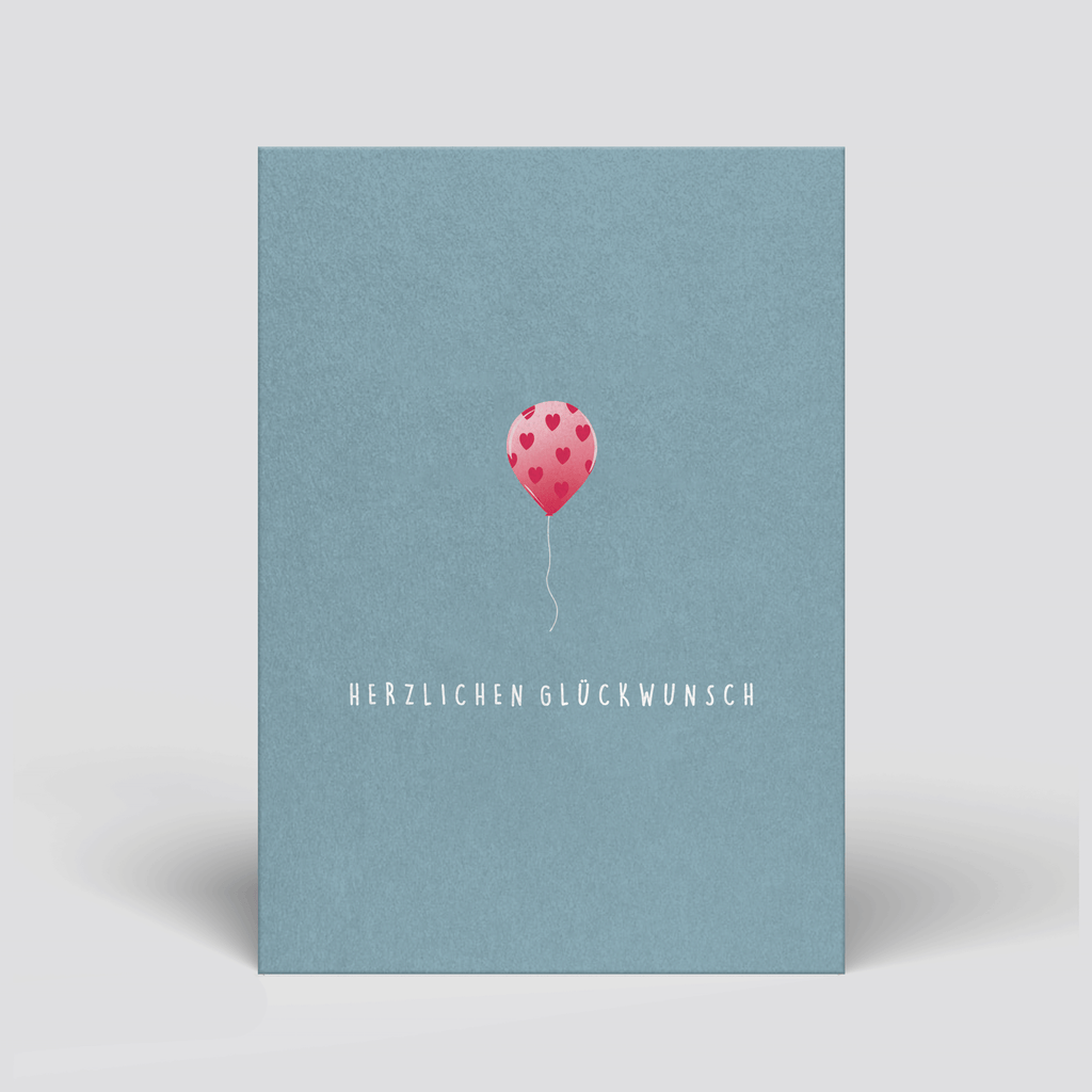 Glückwunschkarte „Herzlichen Glückwunsch“ mit illustriertem rosa Luftballon von Naturbedacht, Vorderseite