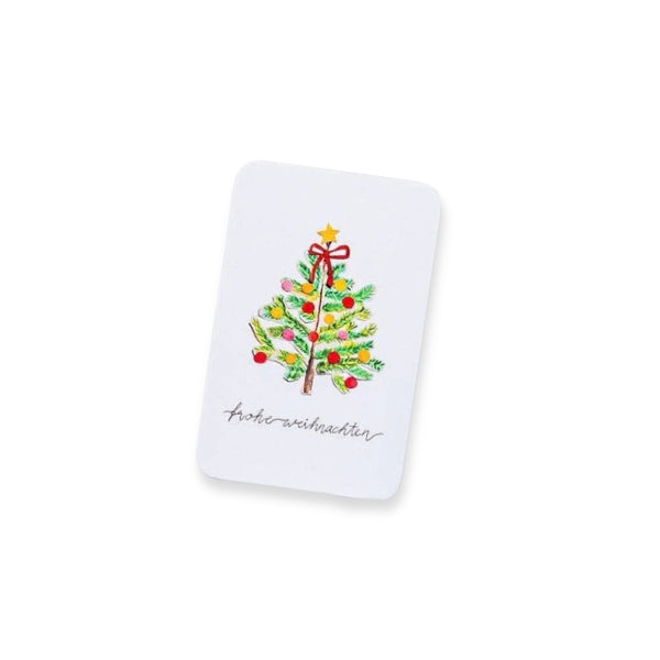 Minikarte „Frohe Weihnachten“ von One in a Melon mit illustriertem geschmücktem Tannenbaum mit roter Schleife, Visitenkartenformat