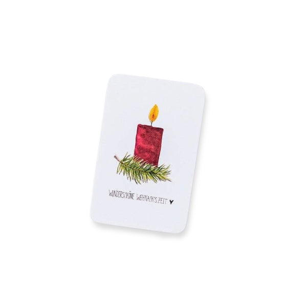 Minikarte „Wunderschöne Weihnachtszeit“ von One in a Melon mit illustrierter roter Kerze und Tannenzweig, Visitenkartenformat
