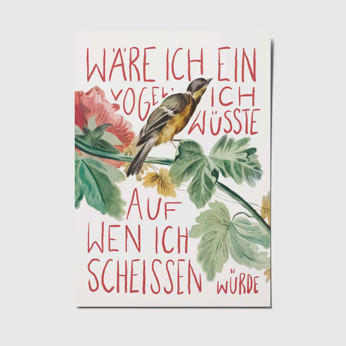 Lustige Postkarte von Studio Mirabella mit dem Spruch „Wäre ich ein Vogel, ich wüsste auf wen ich scheissen würde“