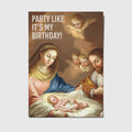 Lustige Weihnachtspostkarte von Studio Mirabella mit dem Spruch „Party like it's my Birthday!“ und Baby Jesus in der Krippe