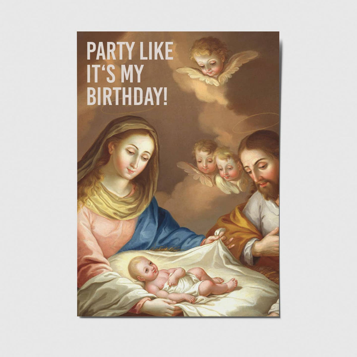 Lustige Weihnachtspostkarte von Studio Mirabella mit dem Spruch „Party like it's my Birthday!“ und Baby Jesus in der Krippe