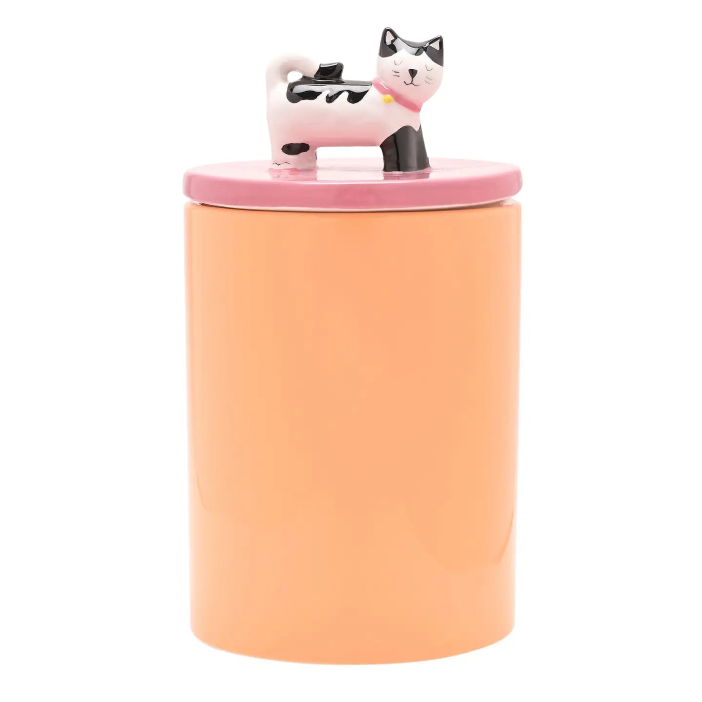WIDDOP Keksdose Katze aus Keramik – Frontansicht, orange mit rosa Deckel und Katzenfigur