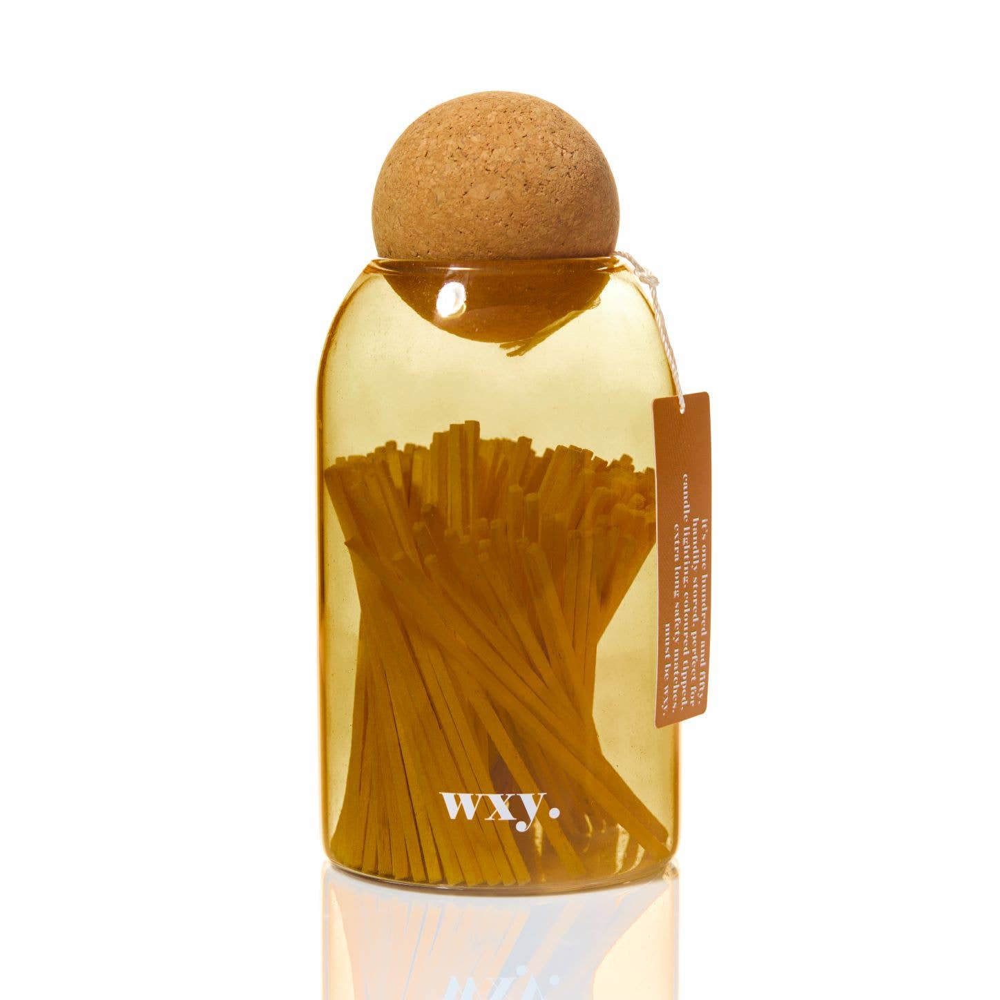 wxy. Streichhölzer im Glas Honey Yellow – Frontansicht Glasgefäß mit Kork